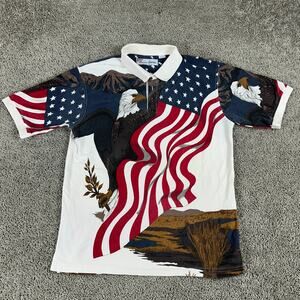 VINTAGE American Summer Shirt Mens L Bald Eagle Stars & Stripes Flag Patriotic